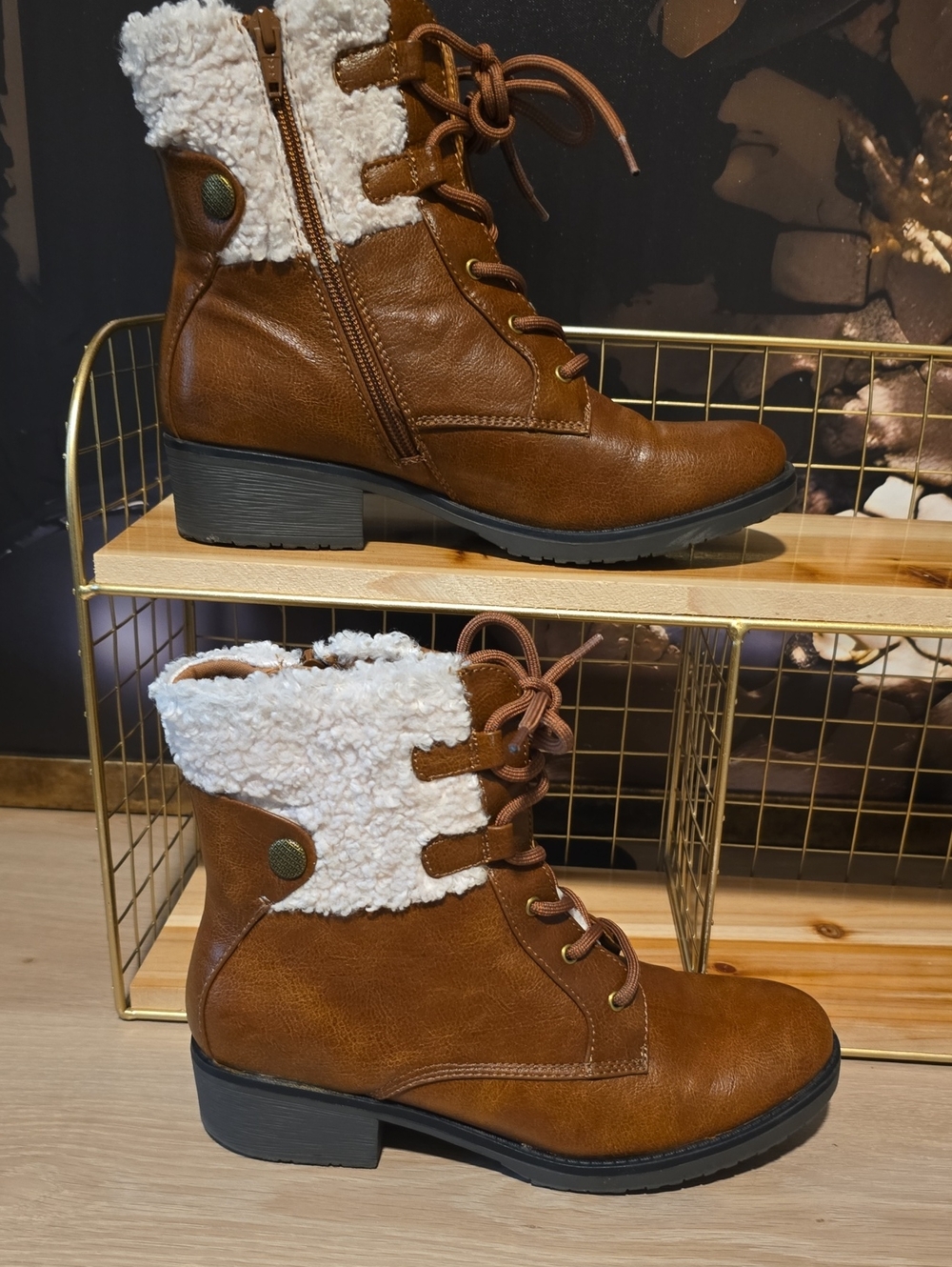 BareTraps Brown Lace-Up Ankle Boots with White Sherpa Cuff